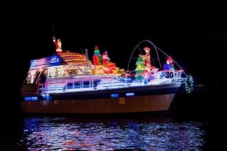 Christmas LED strip lights decorations on a boat