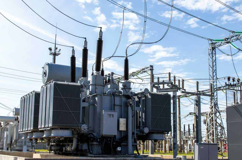 A high-voltage transformer in a power substation