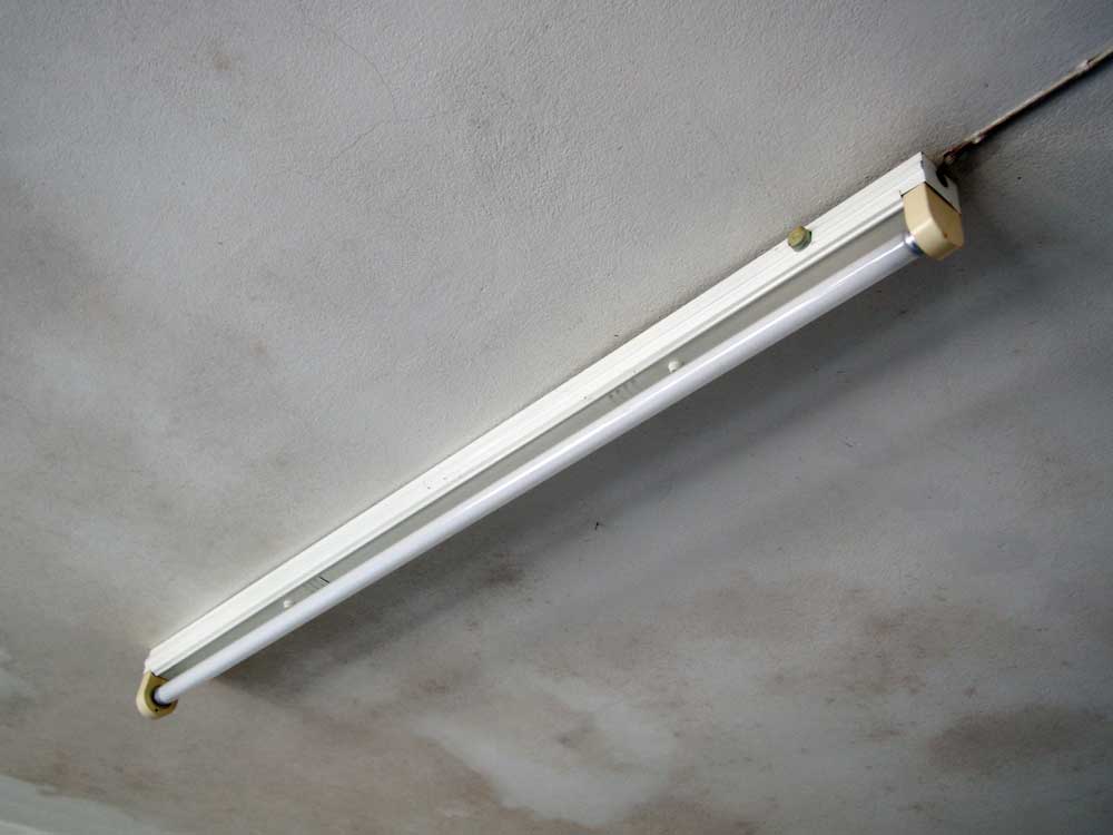 A fluorescent lamp on a ceiling