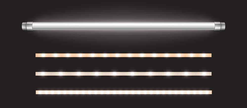 A fluorescent tube alongside LED strips