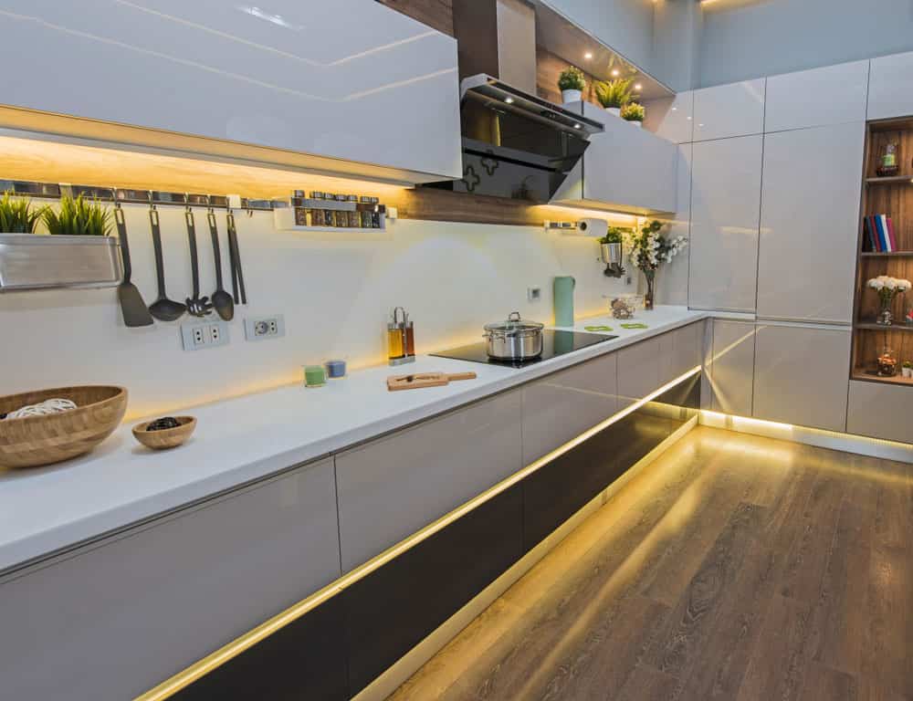 A kitchen design with under-cabinet LED strip lights