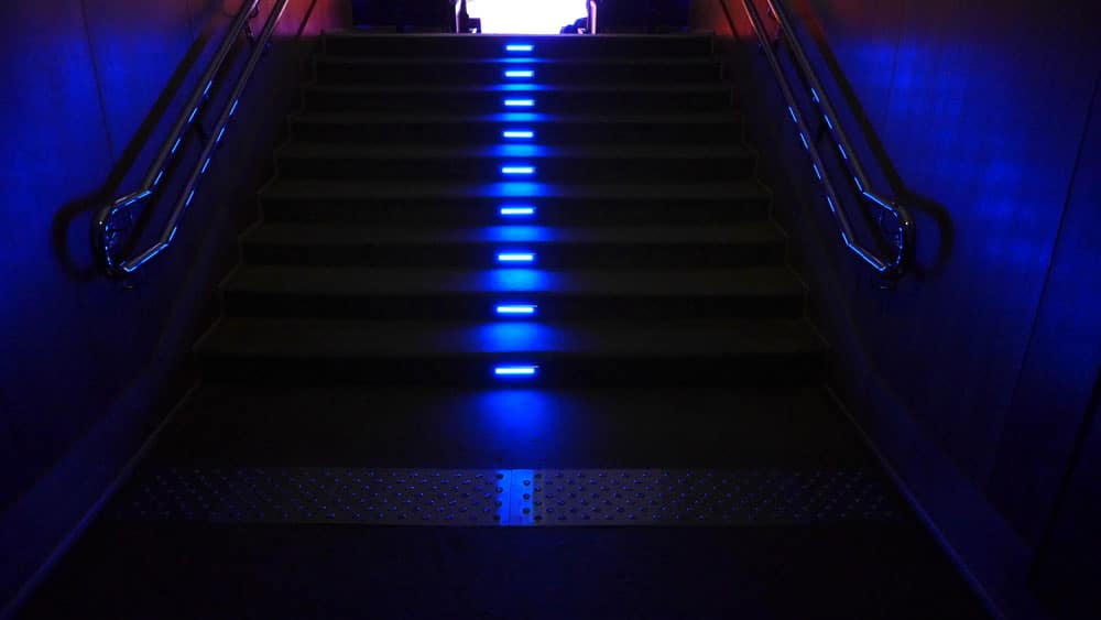 Blue LED step lights on stairs